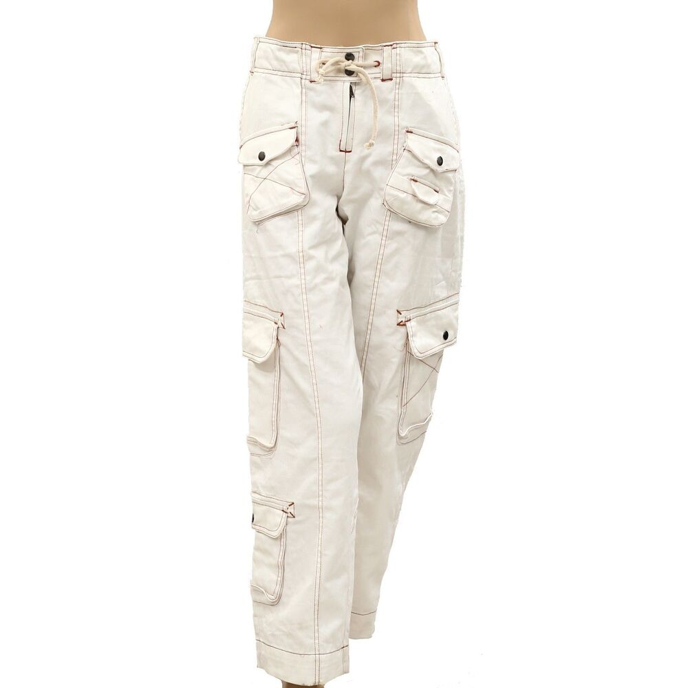 Free People Cargo Trousers Pants Low-Rise Denim White Smocked Cotton M 287240